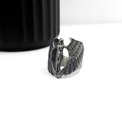 Anello di angelo custode in acciaio | Cavaliere Biker Dea e Ali di piuma