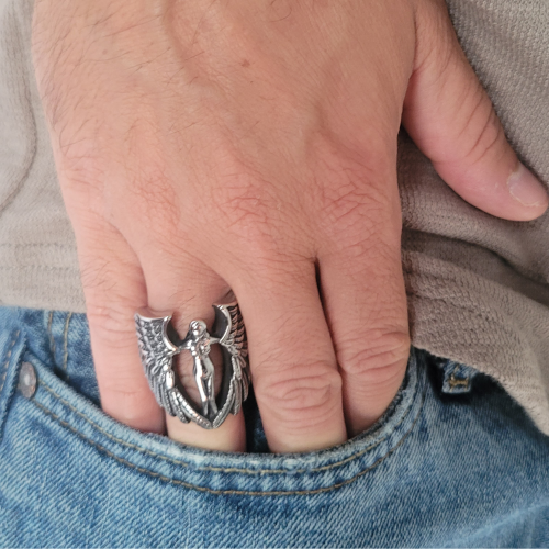 Steel Guardian Angel Ring | Knight Biker Goddess & Feather Wings