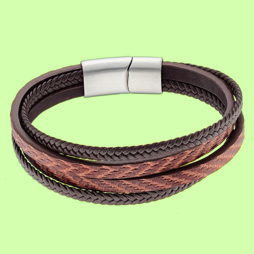 Men's Bracelet Brown Leather Color Brown Four Ranks Stainless Steel Clasp Brushed Custom
