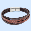 Bracelet for Men Leather Brown Brown Four Rangs Stainless Steel Clasp Brushed Custom