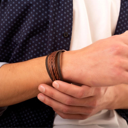 Men's Bracelet Brown Brown Leather Four Ranks Stainless Steel Clasp Brushed Custom