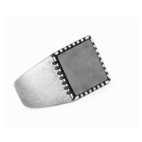 Ring Knight Man Male Old Steel | Black square agate