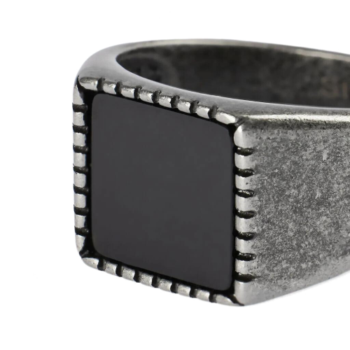 Chevalière Homme Carrée Acier Inoxydable Vielli et Plateau Face Haris Agate Noire