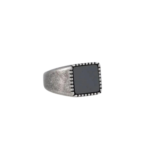 Hombres tallados Chevalière Acero Inoxidable Vielli y Tray Agate Cara Negro