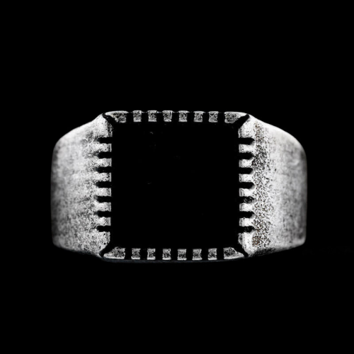 Ring Square Men's Stainless Steel Vielli and Black Agate Face Tray