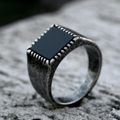 Anillo de caballo Bandeja de hombre Cuadrado de acero inoxidable Vielli y Negro Agate Face