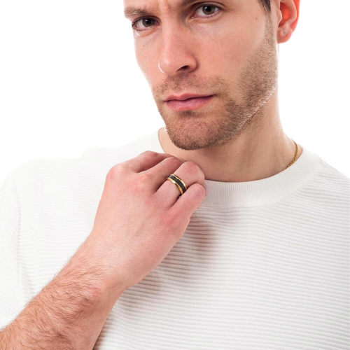 Bague Alliance pour Homme Acier Inoxydable Dorée à l'Or Fin et Bande Centrale Carbone Personnalisable