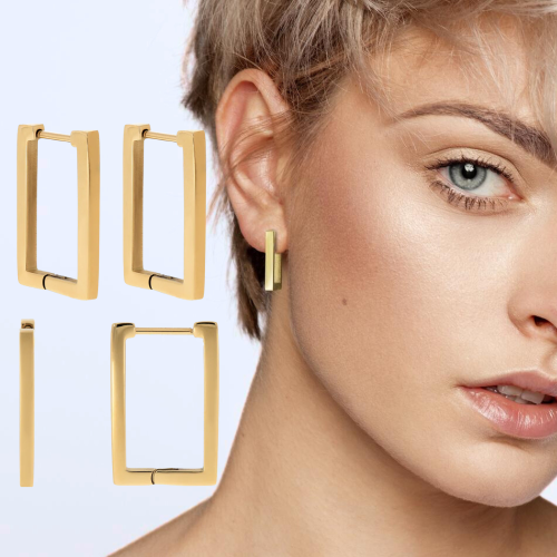 Earrings for women with minimalist rectangular hinges in gold stainless steel