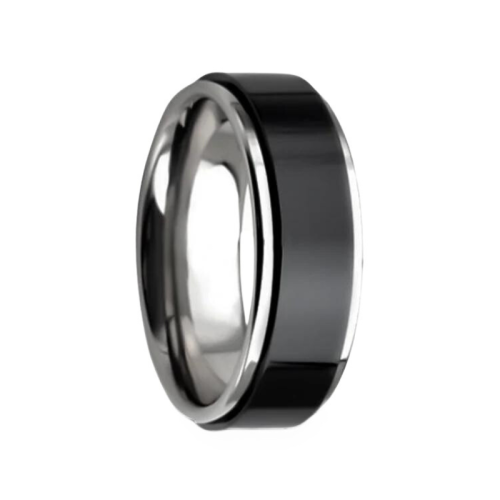 Bague Anneau Homme Femme Ado Anti-stress Anxiété Rotative Spin en Acier Argent et Noir 8mm