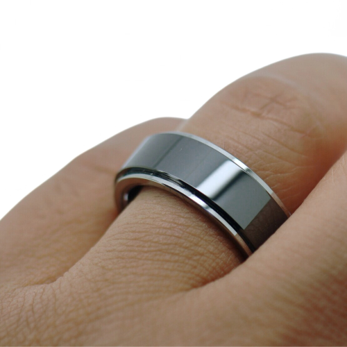 Bague Anneau Homme Femme Ado Anti-stress Anxiété Rotative Spin en Acier bicolore Argent et Noir