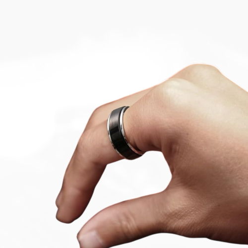 Bague Anneau pour Homme Ado Anti-stress Anxiété Rotative Spin en Acier Argent et Noir