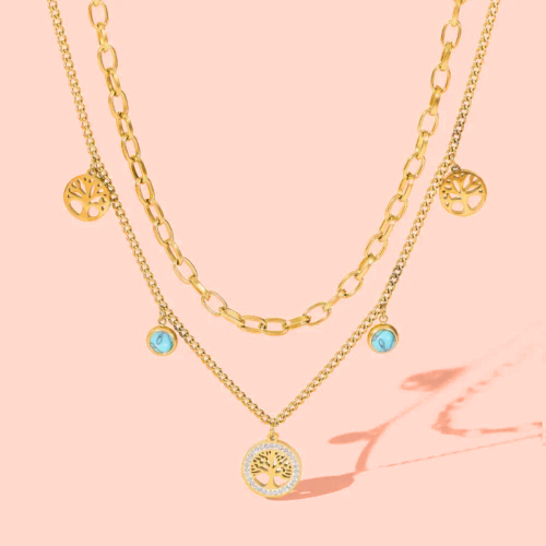 Collana Jumper donna Albero di vita e Turchesi di roccia Pampillas in acciaio inossidabile Oro Fine