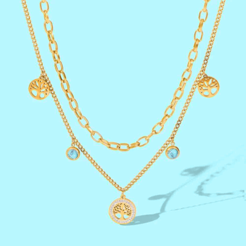 Frauen Halskette Lebensbaum und Stein Türkis Gold-Colored Edelstahl Pads
