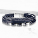 Bracelet Homme Cuir Bleu Tressé Triple Liens et Fermoir magnétique Acier Inoxydable