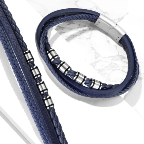 Bracelet Homme en Cuir Bleu Tressé Triple Liens et Fermoir Acier Inoxydable Aimanté