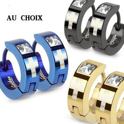 Paar Herrenohrringe mit eingraviertem Kreuz und weißen quadratischen Steindiamanten