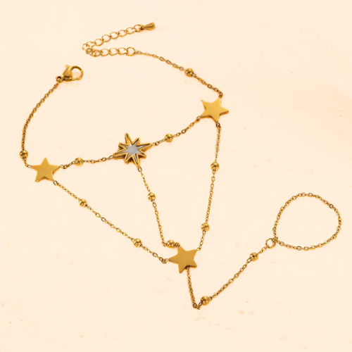 Frauen Hand Schmuck mit Handkette Armband und Ring Sterne in Edelstahl Gold Fein einstellbar