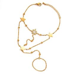 Women's Hand Jewellery - Hand Chain Bracelet and Ring Stars in Stainless Steel Gold Gold Fine Adjustable