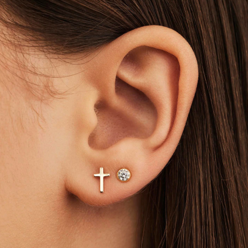 Pendientes Cruz de Oro para Mujeres - Pendientes con Cruz Latina en acero fino