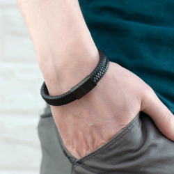 Brazalete de hombre cuero trenzado y acero inoxidable negro elegante clase