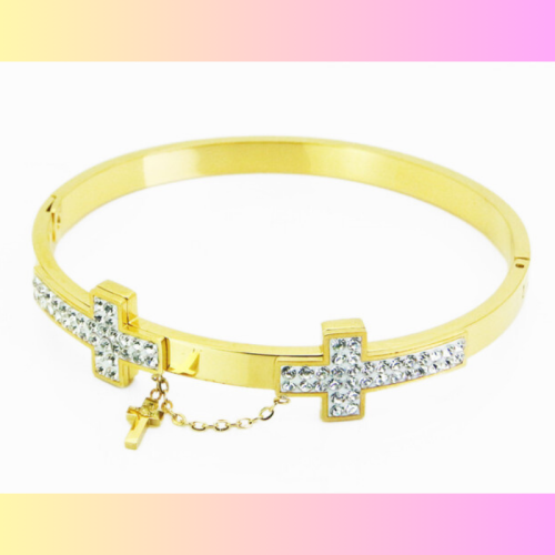 Bracciale Jonc con la croce delle donne in acciaio inossidabile oro e cristalli bianchi