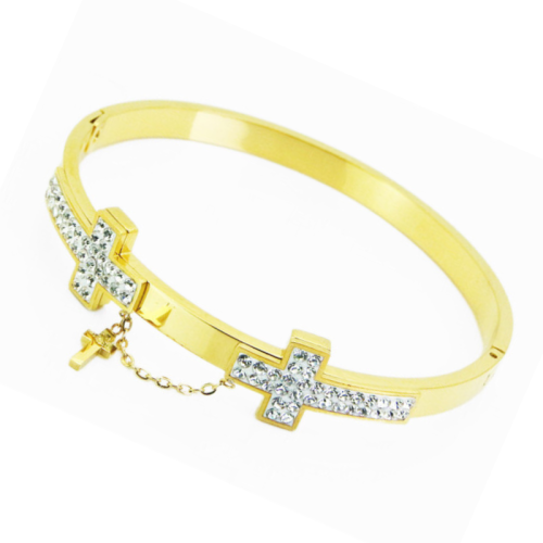 Jonc Armband Ornamentalisierte Frauen Kreuz in Edelstahl Gold und weiße Kristalle