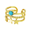Bague Ajustable Multi Rangs Bohéme Étoile Femme Acier Inoxydable Or Fin et Pierre Turquoise ouverte