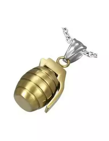 PENDANT FOR TEEN MEN IN 316L STEEL AND 18K GOLD PLATED GRENADE WEAPON IDEAL MILITARY 1 BALL CHAIN NEW