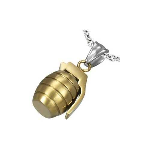 PENDENTIF POUR HOMME ADO EN ACIER 316L ET PLAQUE OR 18 CARATS GRENADE ARME IDEAL MILITAIRE + 1 CHAINE BOULE NEUF