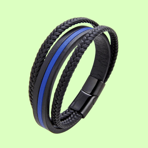 Lederarmband schwarz und blau Central Band Triple Ranks und Clasp Edelstahl