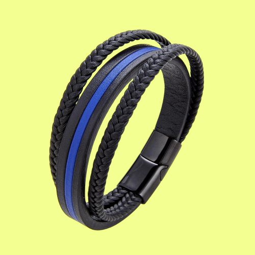 Black and Blue Leather Bracelet Triple Rangs and Stainless Steel Clasp