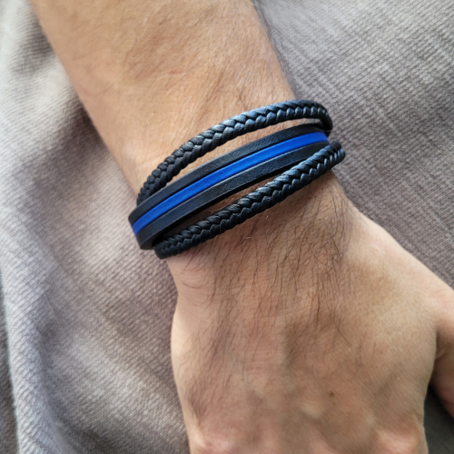 Bracciale in pelle nero e blu Banda centrale...