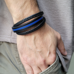 Herren Armband Leder dreifach Reihen Leder schwarz und blau Band zentrale Stahlverschlüsse