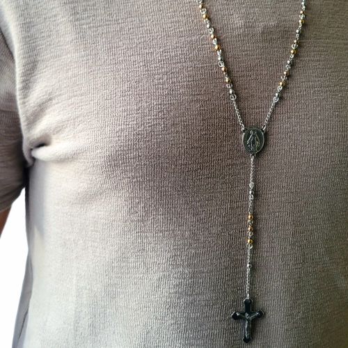 Chapelet homme acier croix crucifix avec médaille Sainte Vierge Marie miraculeuse