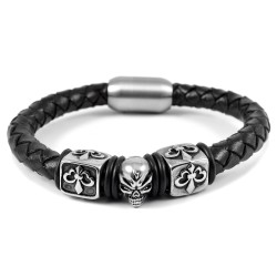 Herrenarmband aus Leder und Totenkopfverschluss aus Stahl mit Fleur-de-Lys-Würfeln