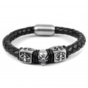 Pulsera de hombre de cuero y cierre de calavera de acero con cubos de flor de lis