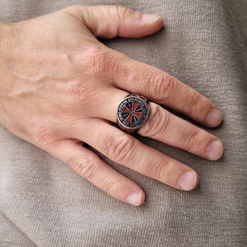 Hombres Templar Chevalière Steel Malte Cross Red Moneda Knight Nobis Domine