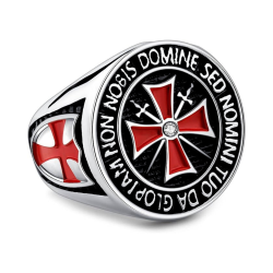 Chevalière Templier Homme Acier Croix de malte Rouge Devise Chevalier Non Nobis Domine