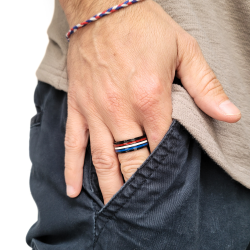 Rotarter Anti-Stress-Ring für Männer in schwarzem Stahl mit Ring, der in den Farben der französischen Flagge blau weiß weiß 2