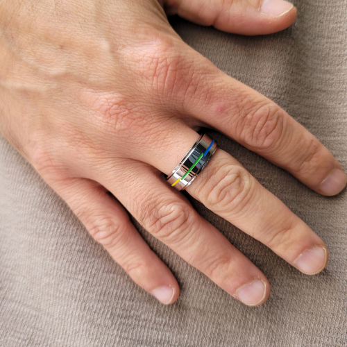 LGBT Ring Female Man Uomo in acciaio inox Rotary Anti-Stress Pride GAY PRIDE Linee arcobaleno