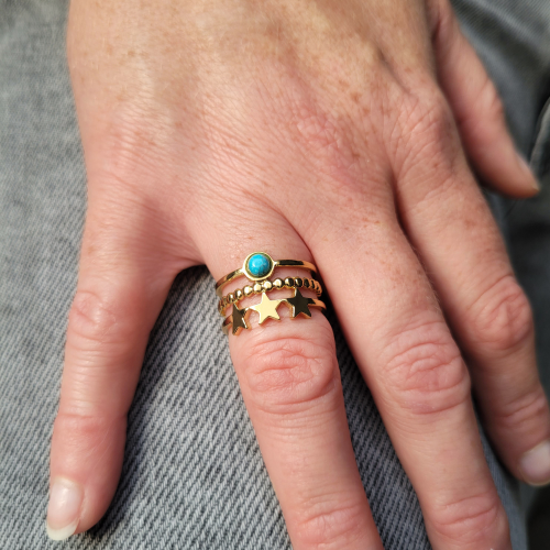 Bague réglable Multi Rangs Bohème Étoile pour Femme en Acier Inoxydable Or Fin et Pierre Turquoise