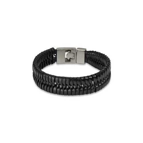 Pulsera ancha de cuero para hombre de 2 filas y cierre de acero inoxidable de 22 cm