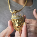 XXL Lion Head Pendant Necklace for Men in Gold Plated Steel and Diamonds and Cuban Chain 60cm 7mm included