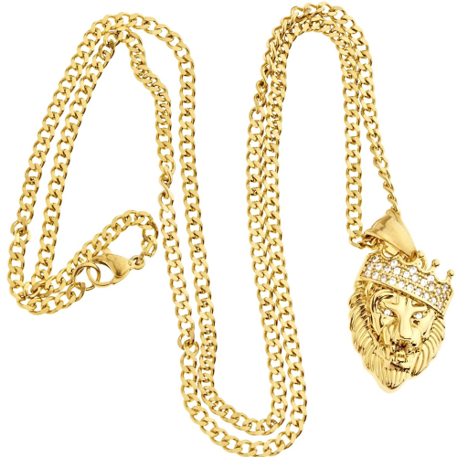 XXL Lion Head Anhänger Halskette für Männer Gold überzogen Stahl und Diamanten und kubanische Kette 60cm 7mm enthalten