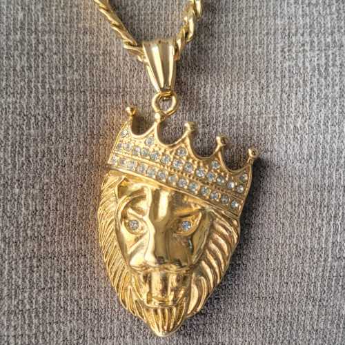Huge XXL Lion Head Anhänger für Männer in Gold überzogen Stahl und Diamanten - kubanische Kette 60cm 7mm enthalten
