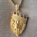 Enorme XXL Ciondolo Lion Head per gli uomini in acciaio placcato oro e diamanti - Catena cubana 60cm 7mm incluso