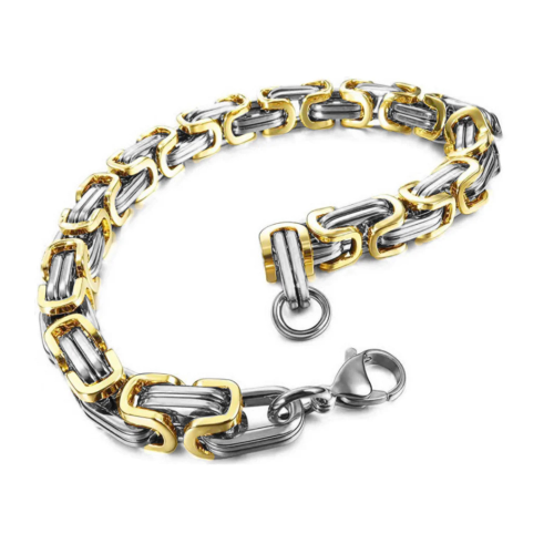 Bracelet Gourmette Maille Byzantine Homme Acier Inoxydable et Or Fin Bling Rappeur