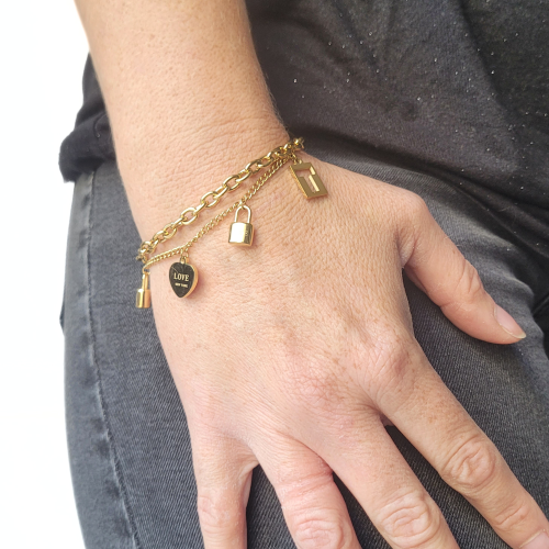 Bracelet Femme Double Chaine Breloques Coeur Cadenas new York Acier Doré à l'Or Fin
