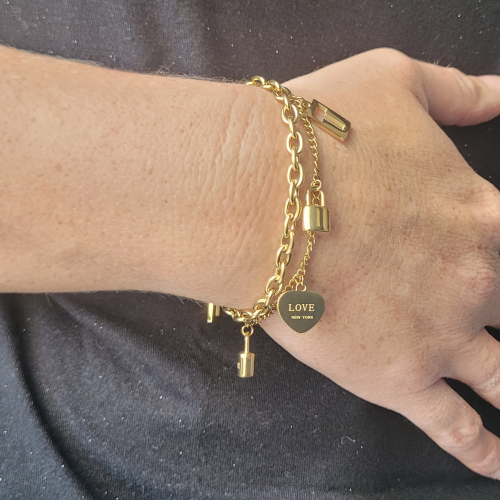 Pulsera para mujer de acero dorado con doble cadena de fijación candados corazón