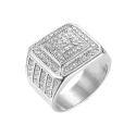 Bague Chevalière Homme En Acier Inoxydable Argent Sertie Pavé de Cristaux Oxyde de Zirconium